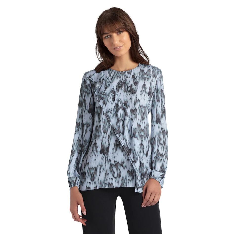 H By Halston Printed Ruffle Long Sleeve Top Size XS